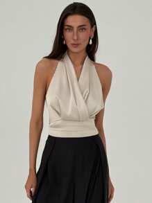 Aloruh Blouse femme plissée à col en V croisé de couleur unie - Nude - Voir 4