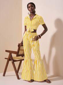Slaydiva Spring/Summer New Music Festival, Easter, Nashville, Birthday Party, Graduation Season, Student, Everyday Casual, All-Match Versatile, Leisure, Cruise Travel, Beach, Sunbathing Striped Print Top, Tied & Ruched Wide Leg Pants Ladies Set,Summer Sets