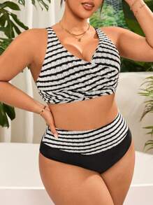 Swim Lushoire Plus Size Women's Black & White Striped Special Fabric Strap V-Neck Two Pieces Swimwear, Fashionable Casual Beachwear For Summer Beach Vacation - Black and White - View 3