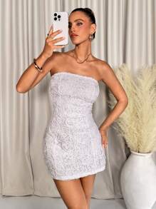 SHEIN Clasi 女士时尚蕾丝抹胸迷你连衣裙，春夏 - 白色 - 查看 3