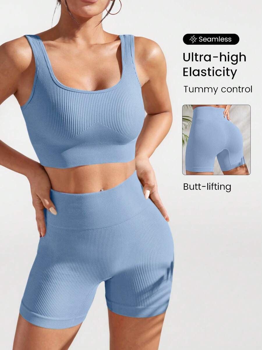 Seamluxe SHEIN Sport 罗纹针织宽腰运动套装女士健身套装女士健身套装健身房女装