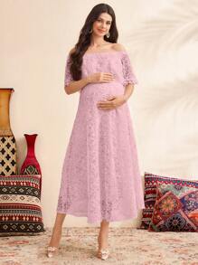 SHEIN Maternity Off-Shoulder Daily Dress - Pink - View 4
