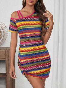 SHEIN LUNE Spring Music Festival Colorful Woven Fabric Open Shoulder Bodycon Mini Dress For Women - Multicolor - View 5