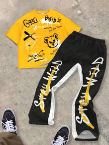 SHEIN Tween Boys Casual & Cool Bear Graphic And Text Slogan T-Shirt With Flared Pants 2pcs Set, Suitable For Spring/Summer - Multicolor - View 2
