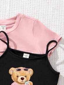 SHEIN Conjunto de 2 peças com Camiseta Super Crop de Manga Curta com Padrão de Urso Cartoon Simples e Macaquinho, Adequado para o Verão e para Meninas Jovens