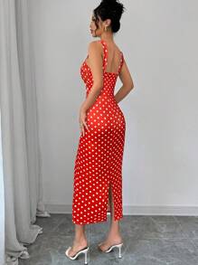 Firerie 女士优雅节日复古音乐节波尔卡圆点心形领口紧身中长吊带背心连衣裙 - 紅色 - 查看 2