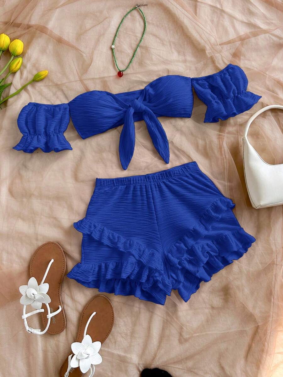 Soleia 2 件女士度假优雅露肩超短上衣带荷叶边下摆短裤套装海滩度假服装春夏女士西部音乐节波西米亚假日波西米亚风