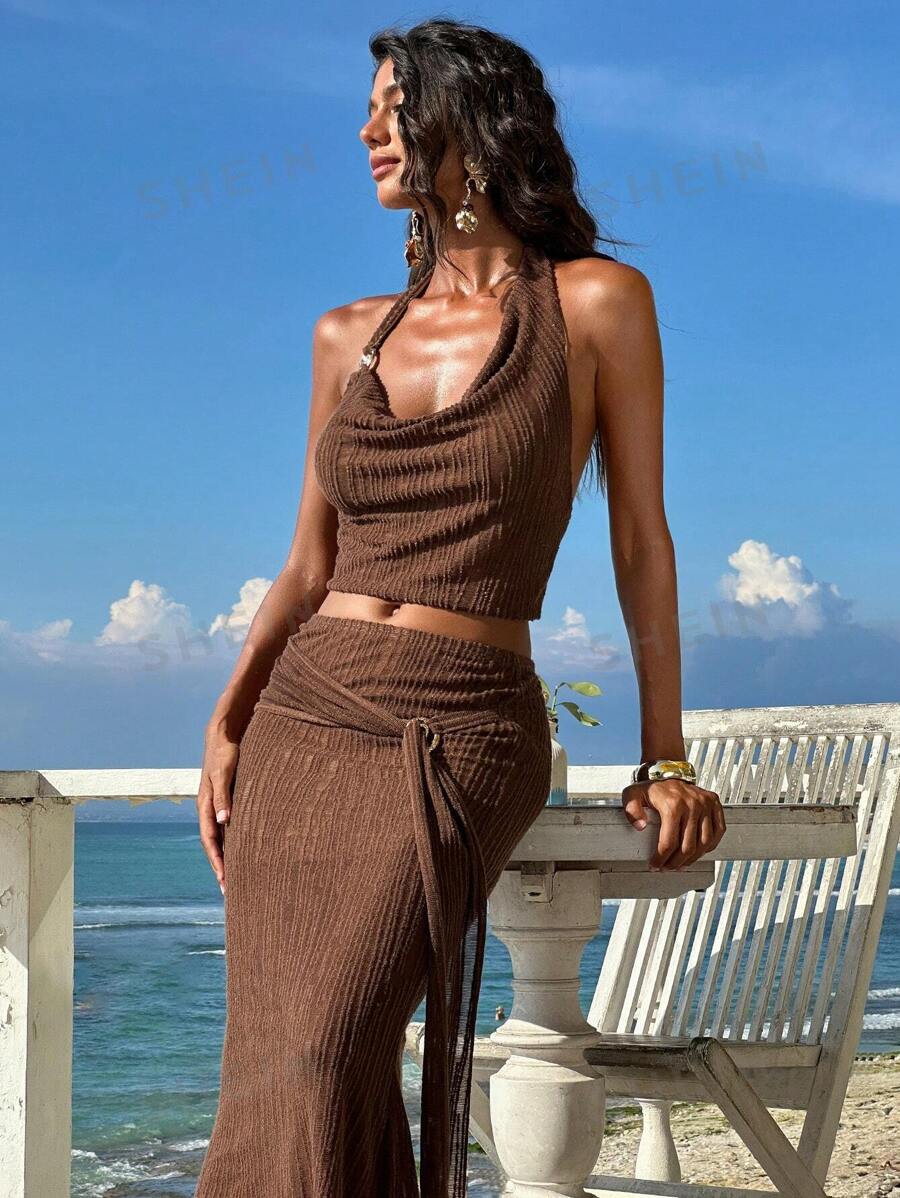 Opulessa Set de 2 piezas compuesto por top cropped de punto de unicolor y falda de cintura alta con bajo de cola de sirena para mujer