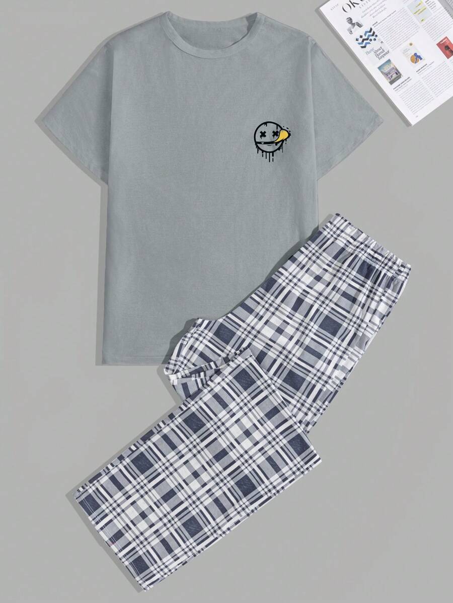 RueChic Cotton Men Plaid Print Regular T-Shirt Homewear Set - Grey - View 1