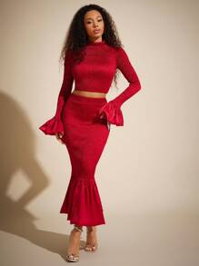 Vixey Solid Satin Ruffle Long Sleeve Crop Top, Spring Outfits, Summer Outfits For Women, Easter Outfits, Summer Tops - Red - View 5