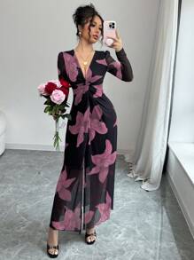 Rafferiza Rochie romantică de Ziua Îndrăgostiților din plasă cu imprimeu floral, răsucită în față, cu fantă înaltă, cu talie strânsă, cu decolteu în V, pentru femei - Roz - Vizualizare 5