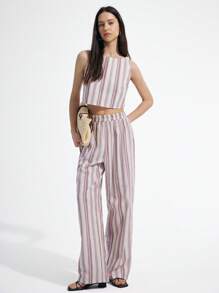 SHEIN Unity 2pcs Women Cartoon Line Plaid Short Sleeveless Top And Elastic Waist Striped Straight Leg Casual Pants Set - Red - View 6