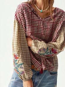 Bohemela 休闲格子 V 领拼接长袖宽松女式衬衫 - 彩色 - 查看 6