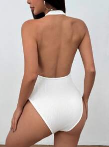 SHEIN Unity 女式深 V 领露背紧身衣，紧身性感简约风格，休闲时尚 - 白色 - 查看 2