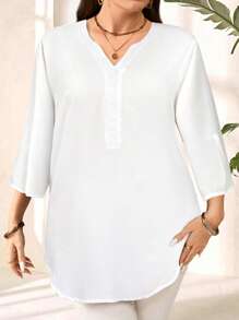 EMERY ROSE Plus Size Women's Purple Red 3/4 Sleeve Shirt, Early Spring - White - View 5