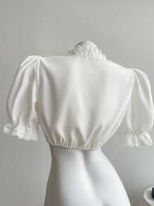 Elamini Solid Color Simple Fashion Casual Daily V-Neck Lace Blouse - White - View 2