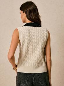 Poéselle Women's Casual Knit Sweater Vest With Contrast Collar And Pocket Detail - Black and White - View 2