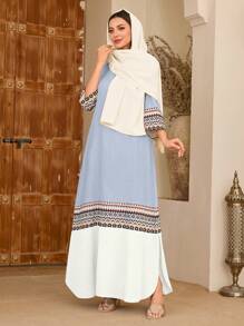 Al Najma Round Neck Patchwork Floral Retro Print Colorblock Women Dress, Spring/Summer - Baby Blue - View 3