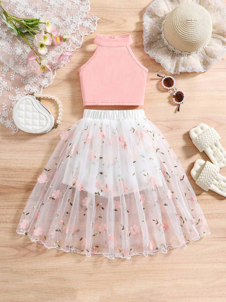 SHEIN Glamorique Kids 2pcs Young Girl Spring/Autumn Stylish Casual Vacation Sleeveless Top And Floral Net Skort Set - Pink - View 1
