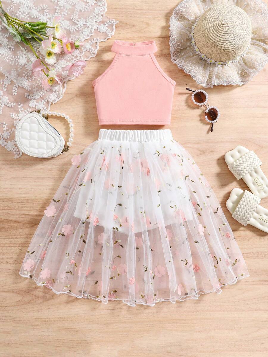SHEIN Glamorique Kids 2 件套年轻女孩春秋时尚休闲度假无袖上衣和花卉网状短裙套装 - 粉色 - 查看 1