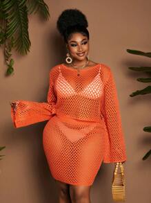 Maweii Plus Size Women Openwork Sweater Top & Openwork Skirt Elegant Vacation Knit Set - Orange - View 3