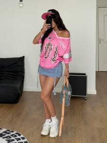 Coolane Women's Summer Streetwear Going Out Y2K Leopard Print Number Graphic Football Jersey V-Neck Pink Jersey T-Shirt - Pink - View 3