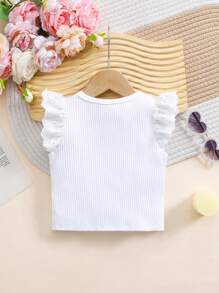 Baby Girl Casual Simple Versatile White Hollow Embroidery Patchwork Ribbed Knit Blouse Top, Spring/Summer - White - View 2