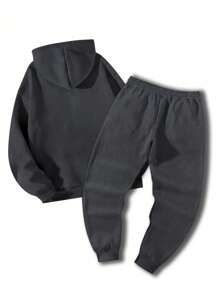 Manfinity Homme 2pcs/Set Men Letter Print Hoodie And Drawstring Sweatpants Set - Dark Grey - View 5