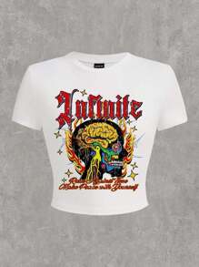 Slaydiva Áo thun ngắn tay bó sát in họa tiết hoạt hình Y2K mùa xuân & hè 2025 dành cho nữ - trắng - Xem 3