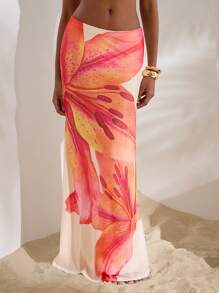 Opulessa Knitted Mesh Printed Low Waist Fitted Mermaid Hem Skirt For Women - Apricot - View 7