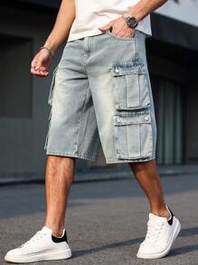 RivetRise Pantalones cortos vaqueros de verano informales para hombre con bolsillos múltiples y efecto desgastado