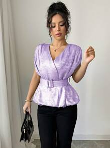 Elenzga Women's Elegant Casual Holiday Commute Valentine's Day Plain Shimmery Metallic Fabric Crossover Peplum Top With Ruched Shoulders, Day-Style Buckle, And Self-Tie Belt, Cropped Length, Spring/Summer - Mauve Purple - View 6
