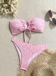 Swim Mod 2pcs Women Summer Floral Textured Spaghetti Strap Side Ruched Bikini Set, Swimwear Top