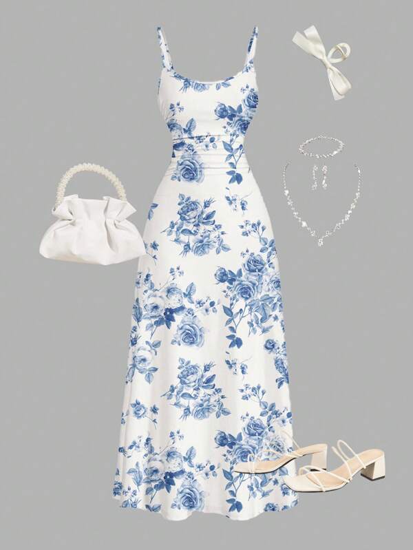 Girlism Vestido casual minimalista con estampado floral azul y blanco para adolescentes, vestido de verano con volantes y tirantes, para usar de vacaciones, estilo bohemio, Hawai, campo