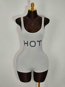 Amplova 狂欢节服装 女士夏季服装 女士个性化字母印花紧身透明连体衣 - 白色 - 查看 3