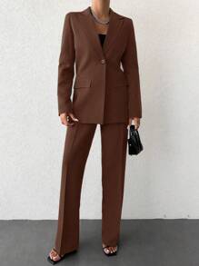 EURMUSE Solid Color Lapel Suit - Brown - View 5