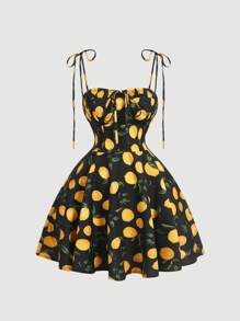 SHEIN MOD 女士春季吊带柠檬图案复古短裙、度假裙、水果裙、女士沙滩装、女士夏季装 - 黑色 - 查看 1
