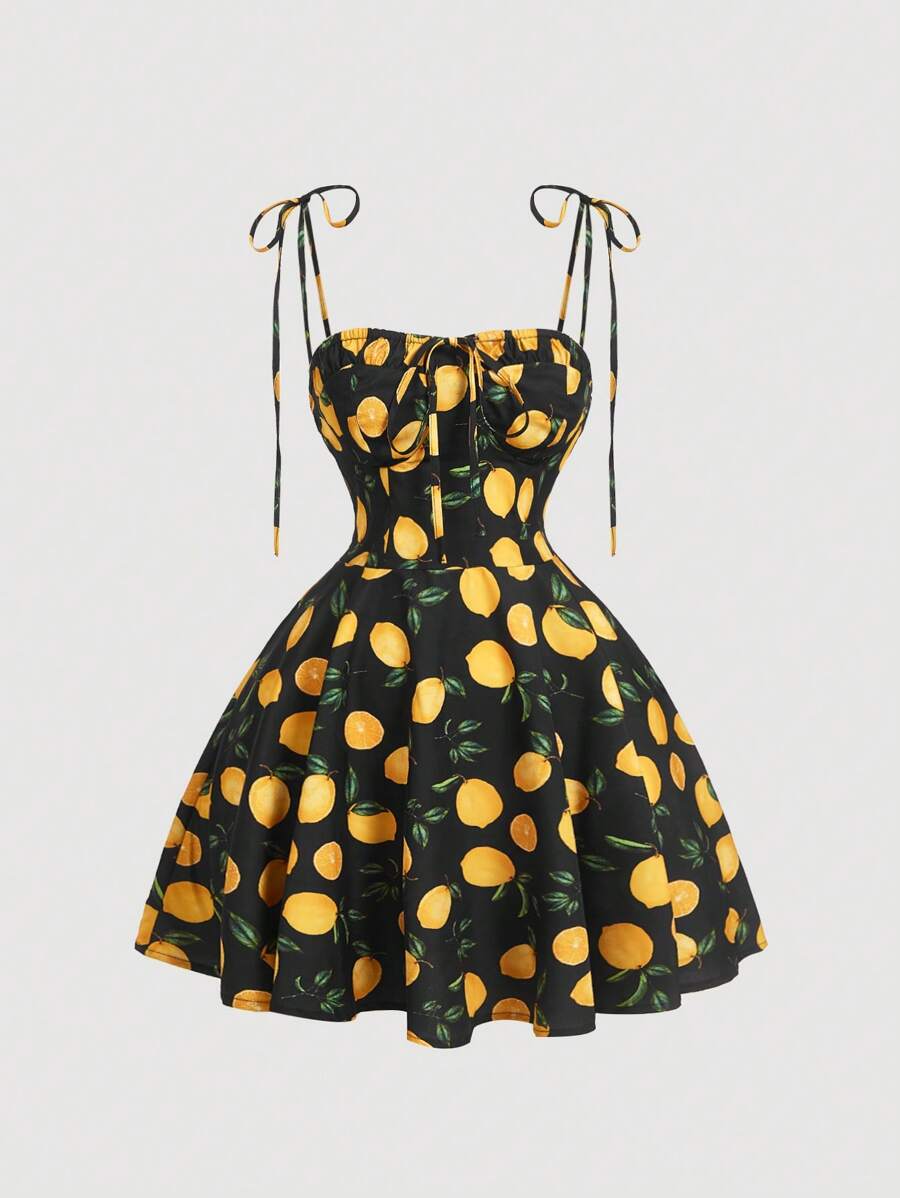 SHEIN MOD 女士春季吊带柠檬图案复古短裙、度假裙、水果裙、女士沙滩装、女士夏季装 - 黑色 - 查看 1