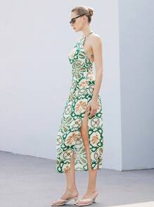 SHEIN Privé Bohemian Jacquard Vacation Halter High Split Ruched Open Back Sleeveless Dress For Women