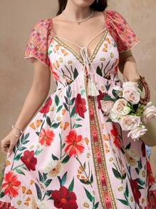 Flirla Simple Casual Vintage Positioning Print Cinched Waist Loose Fit Cap Sleeve A-Line Dress, Bohemian Dress For Beach Vacation