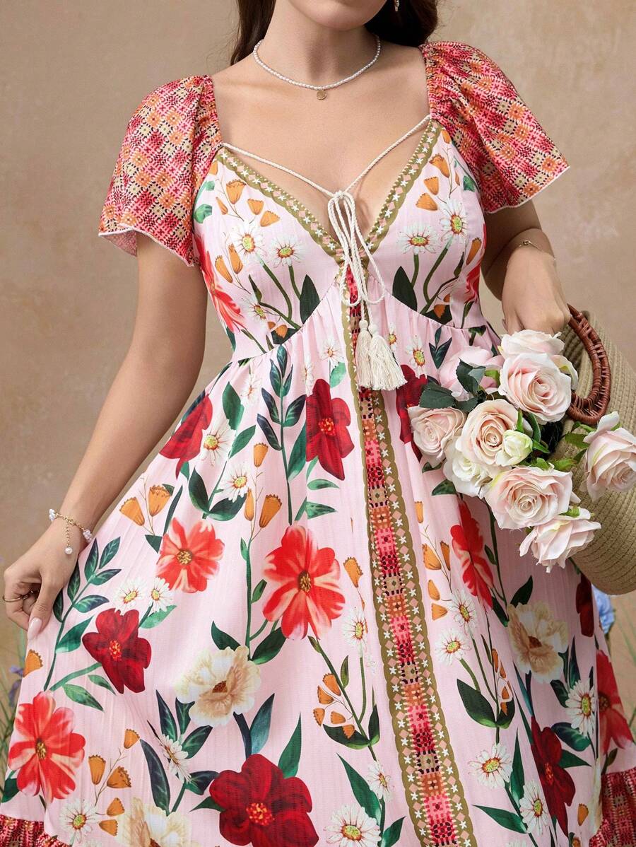 Flirla Simple Casual Vintage Positioning Print Cinched Waist Loose Fit Cap Sleeve A-Line Dress, Bohemian Dress For Beach Vacation