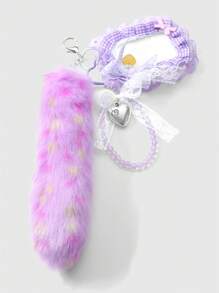 ROMWE Kawaii 1 件韩国时尚百搭优雅手工紫色毛绒绒球动物尾巴、仿水晶猫眼珠、白色网状蝴蝶结、CCB 水钻心形星花钥匙扣和卡夹配件，适合女士和女孩日常佩戴、礼物 - 紫色 - 查看 5