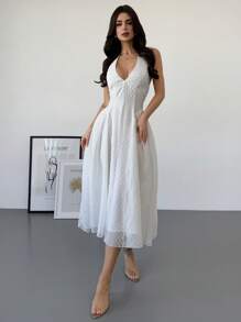 Firerie Damen V-Ausschnitt Midikleid im Jacquard-Blumenmuster mit Trägerhalter, geeignet für Weihnachten, Valentinstag, Konzerte, Aufführungen, Dates, Partys, Hochzeiten, sexy, elegant, Büro, Schulanfang, Urlaub - Blau - Übersicht 7