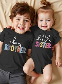 SHEIN Playful Pals Casual Colorful Letter Slogan Print Baby Girl Summer Bodysuit, Lightweight And Comfy - Black - View 1