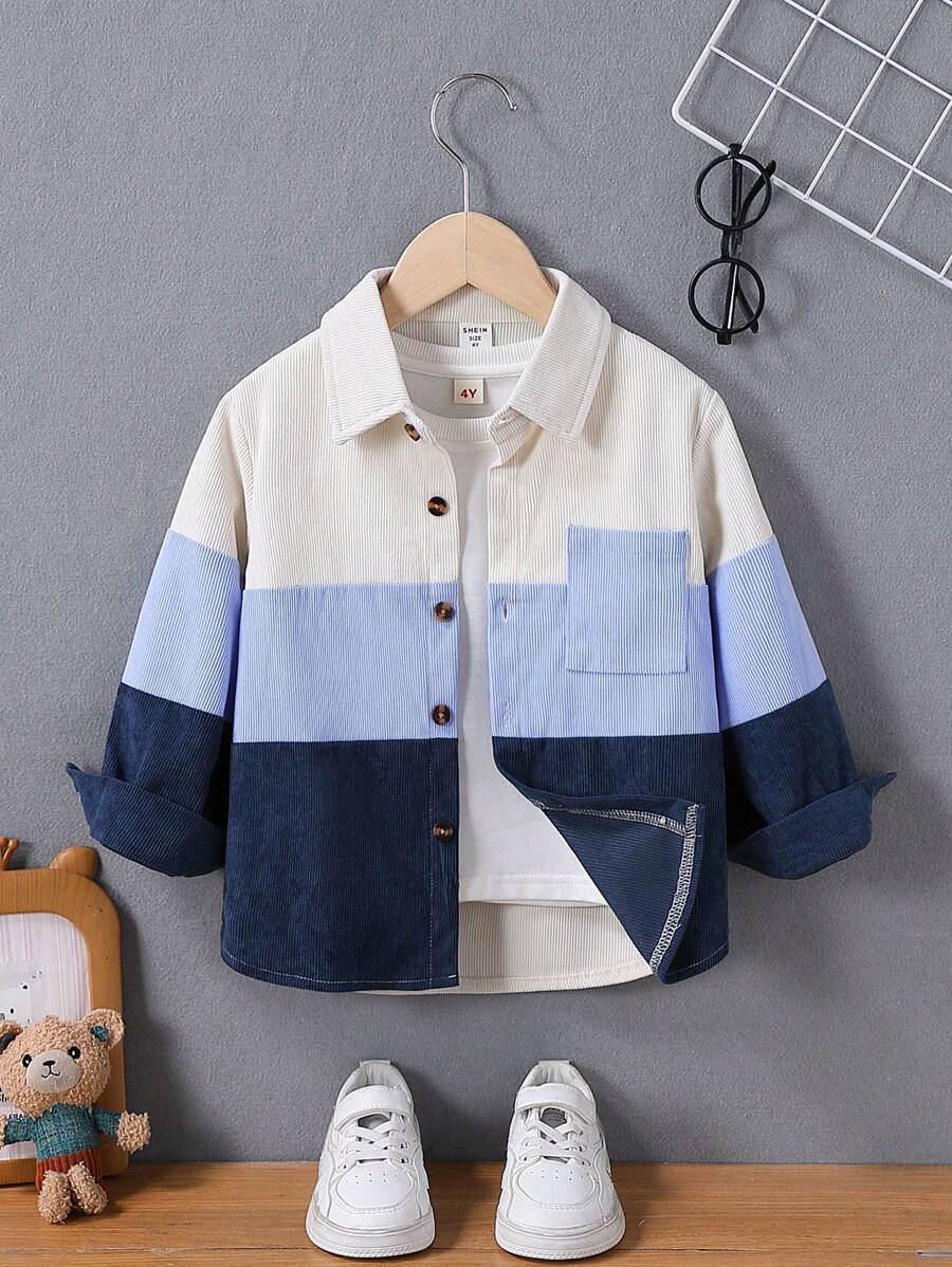 SHEIN 男童撞色单排扣休闲夹克，适合度假、度假、旅行、放松、日光浴、夏季 - 彩色 - 查看 1