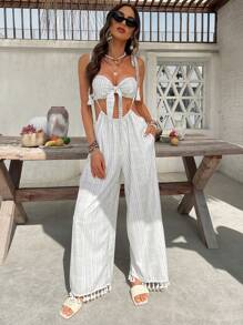 SHEIN VCAY Conjunto de 2 piezas para mujeres con top tubo casual a rayas y mono con flecos en el bajo para vacaciones - Gris - Ver 4