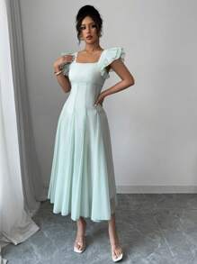Elenzga Vestido elegante de mujer de manga corta y dos capas con cuello cuadrado, pliegues en la cintura, falda evasé y bajo midi en color verde pálido