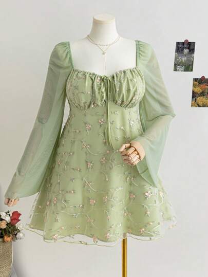 Soleia Plus Size Women's Floral Embroidery Mesh A-Line Short Dress With Bell Sleeves, Spring Vacation,Beach Dress Sundress,Holiday Outfits Boho