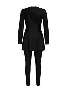 Swim Mulvari Summer 3-Piece Set For Women, Includes: Round Neck Long Sleeve Zipper Back Mesh Panel Ruffle Waist Jumpsuit + Pants + Skirt, Black, Casual Vacation