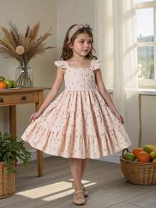 Vintaside Kids Girls' Stylish Korean-Style Ditsy Floral Suspender Dress, Suitable For Beach Vacation, Travel And Photography, Giving A Fashionable And Fresh Feeling, A Must-Have Summer Dress - Apricot - View 2